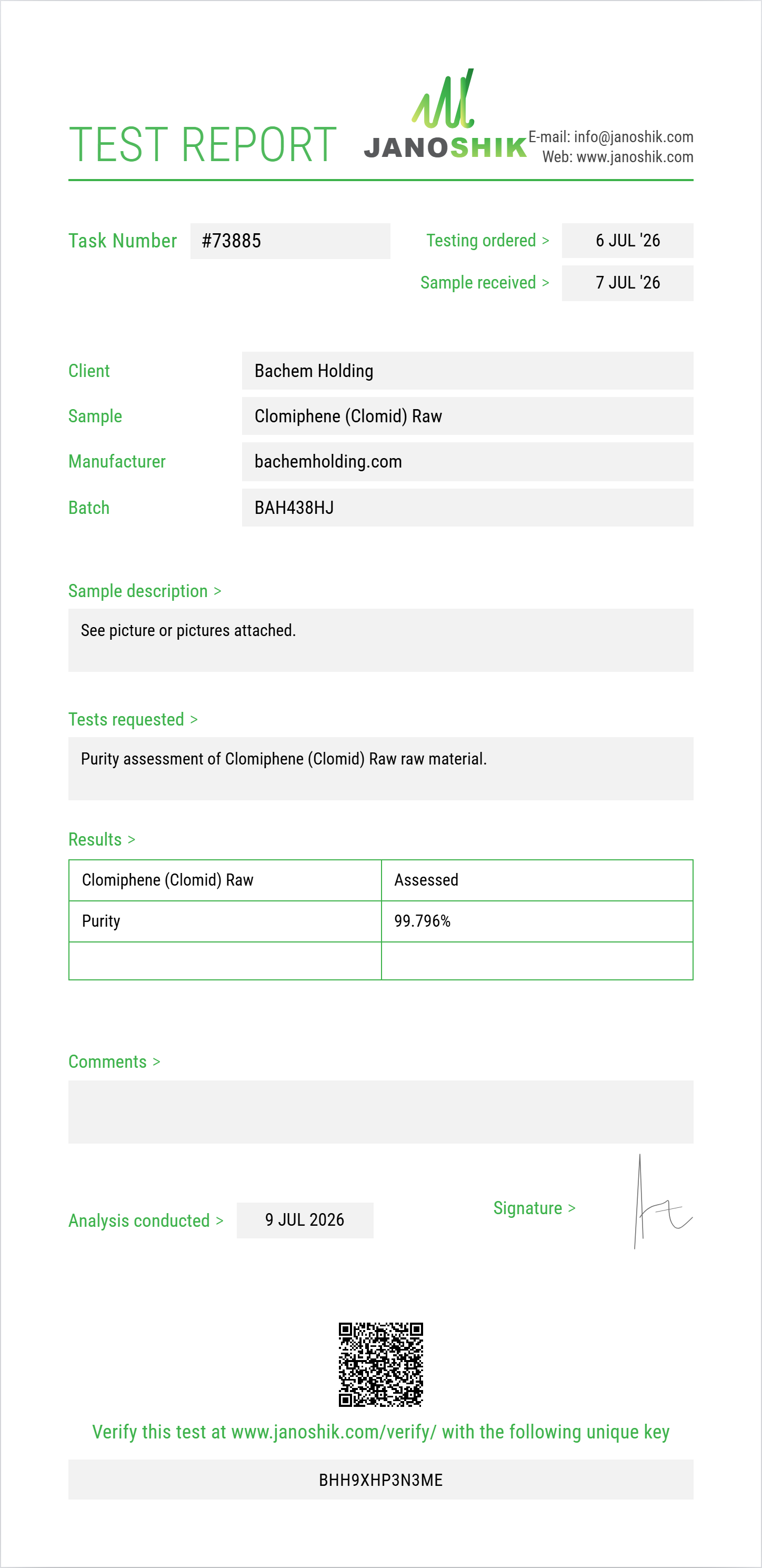 Clomiphene (Clomid) Raw Purity (HPLC) report by Janoshik Analytical