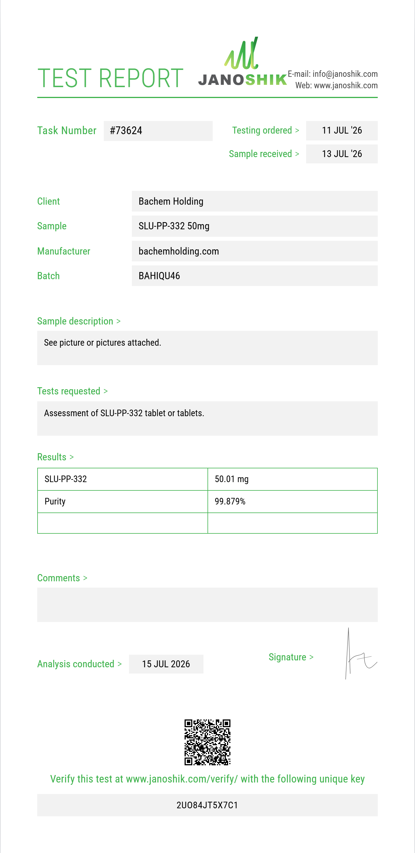 SLU-PP-332 Purity (HPLC) report by Janoshik Analytical