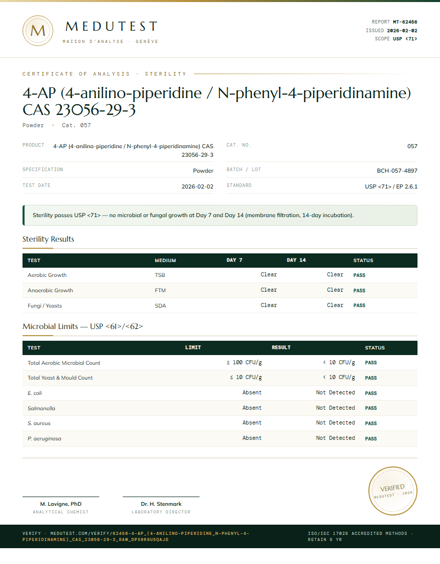 4-AP (4-anilino-piperidine / N-phenyl-4-piperidinamine) CAS 23056-29-3 Sterility report by Medutest