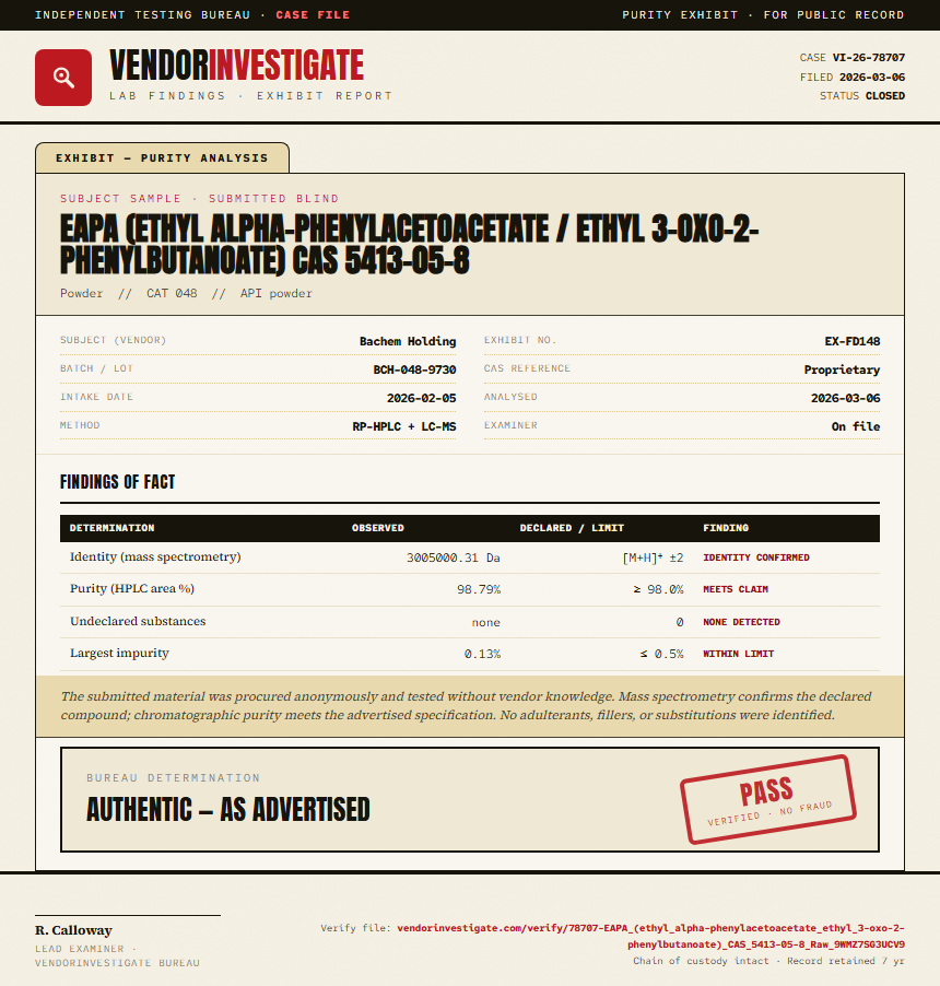 EAPA (ethyl alpha-phenylacetoacetate / ethyl 3-oxo-2-phenylbutanoate) CAS 5413-05-8 Purity (HPLC) report by VendorInvestigate