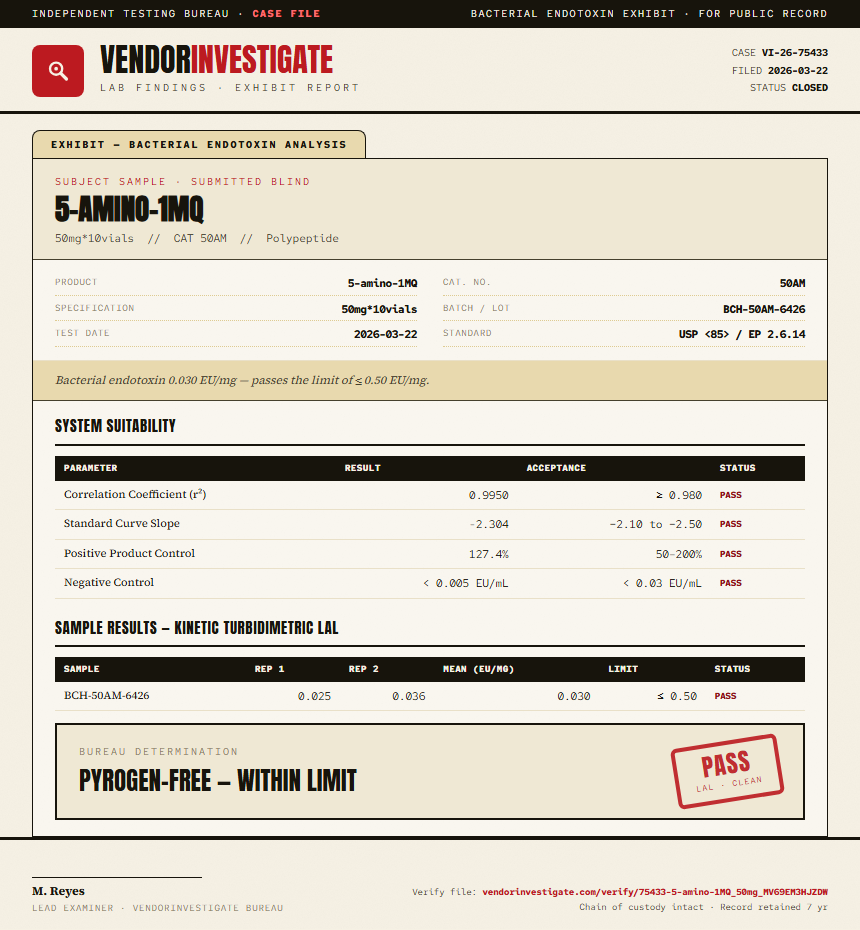 5-amino-1MQ Oral Endotoxin report by VendorInvestigate