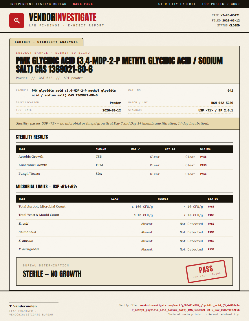PMK glycidic acid (3,4-MDP-2-P methyl glycidic acid / sodium salt) CAS 1369021-80-6 Sterility report by VendorInvestigate